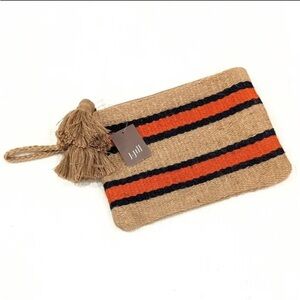 New J.JILL Jute Wristlet-Clutch-Pouch Orange-Navy Stripe-NWT nautical